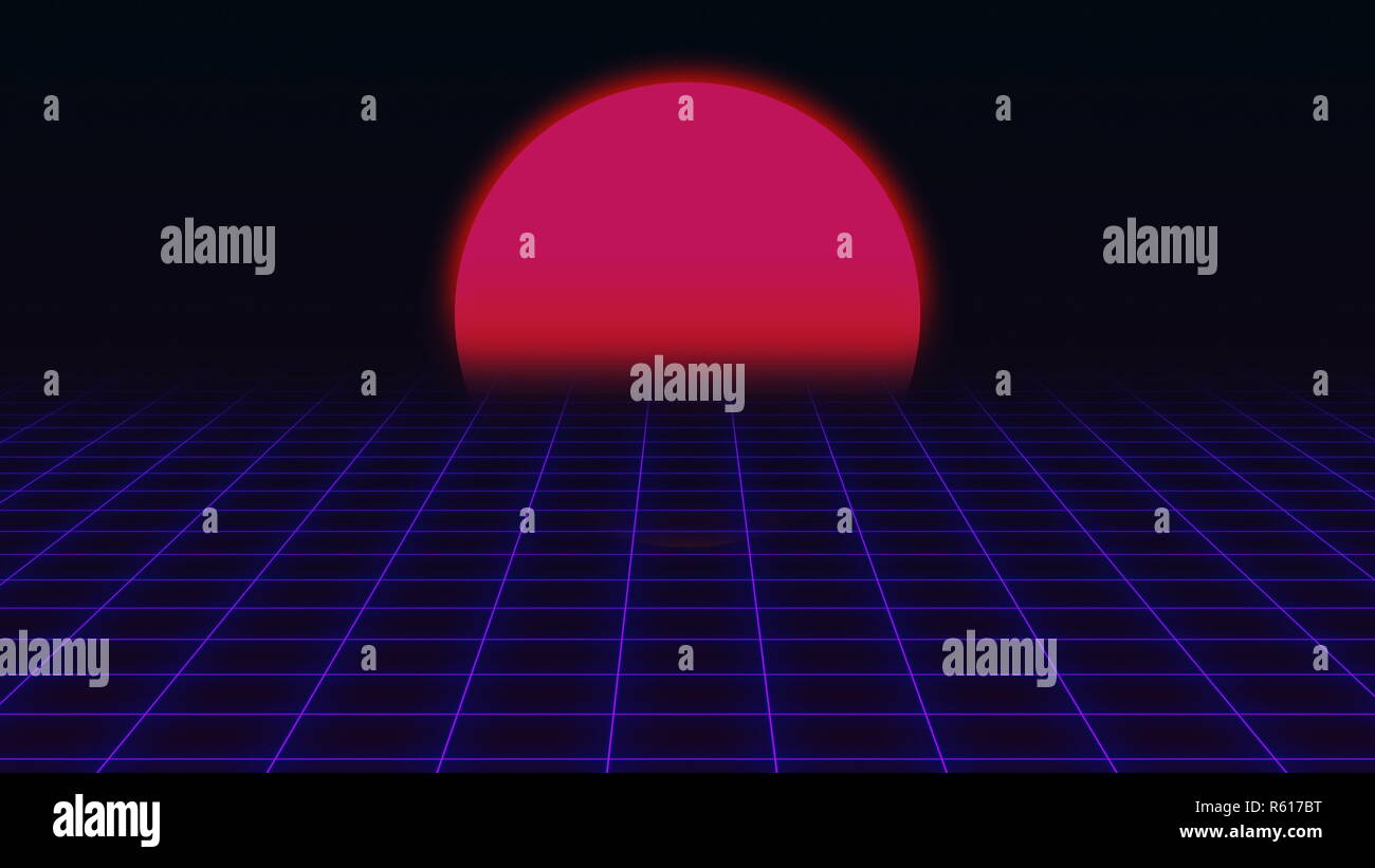 Retro futuristico.griglia e del tramonto. 80s retrò Sci-fi di sfondo Foto Stock