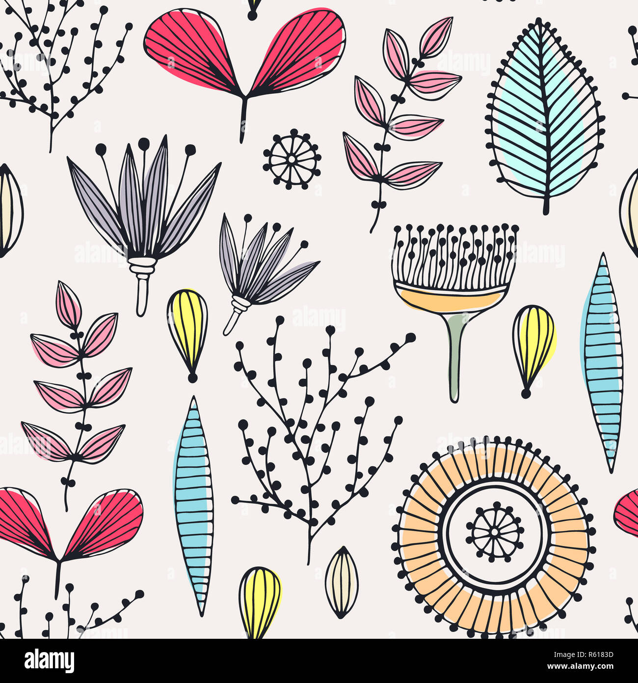 Floral seamless pattern. Disegnato a mano fiori creativi. Linee e strisce. Erbe astratta. Contorno. Disegno creativo Foto Stock