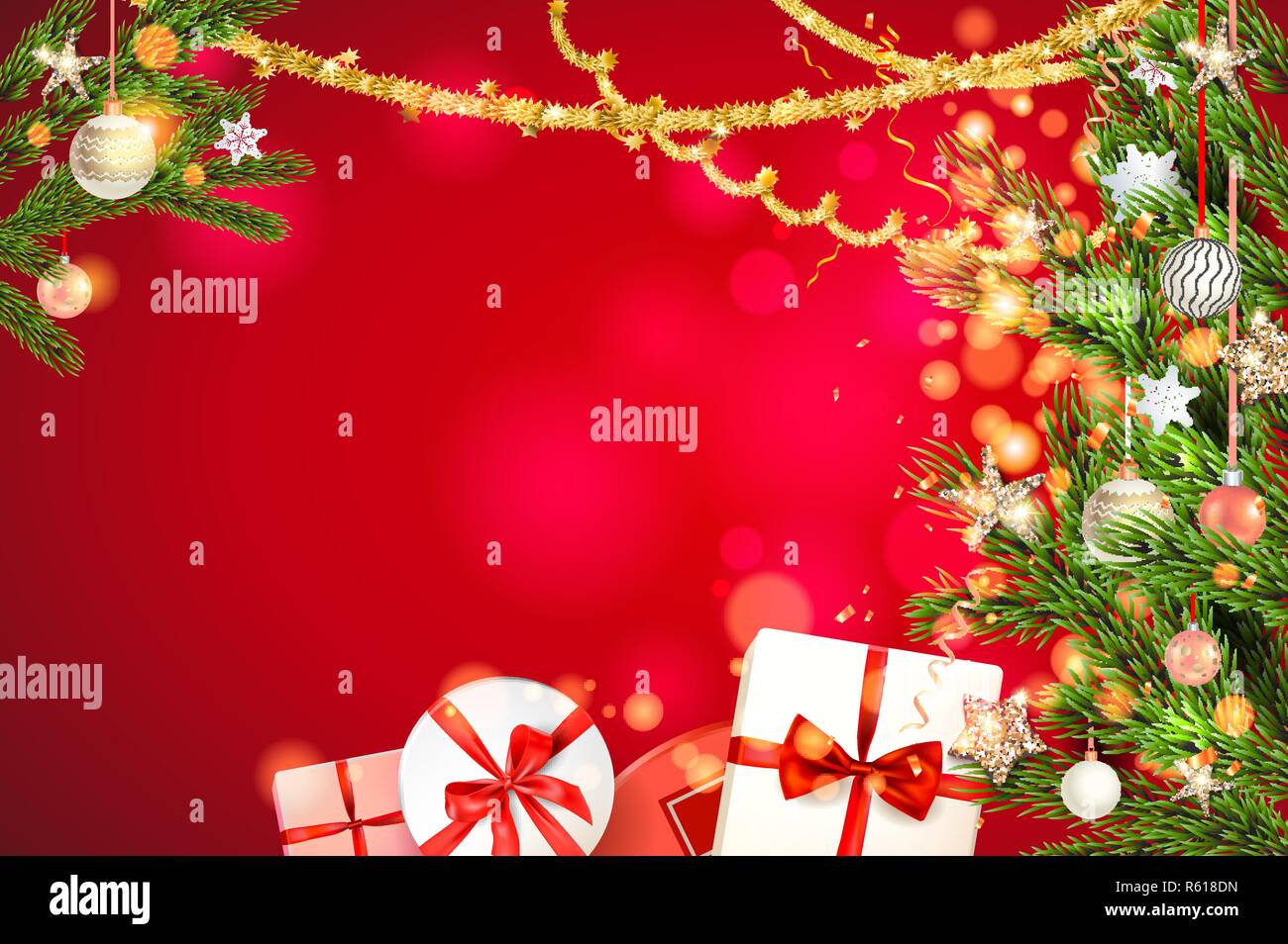 Rosso fata luminoso modello di sfondo con un bellissimo albero di Natale rami, Holiday decorazioni e scritte. Regali di natale, palline, stelle golden tinsel e coriandoli. Illustrazione Vettoriale