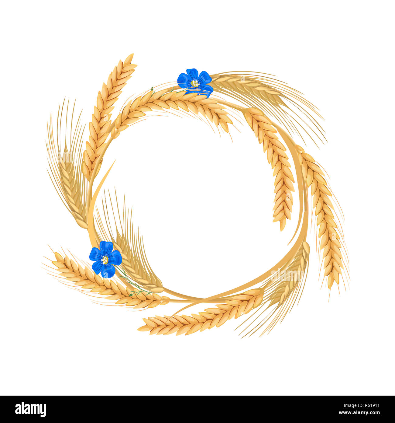 Ghirlanda fatta di fiori di lino, grano, orzo, avena e segale picchi. cereali con le orecchie e spazio libero Foto Stock