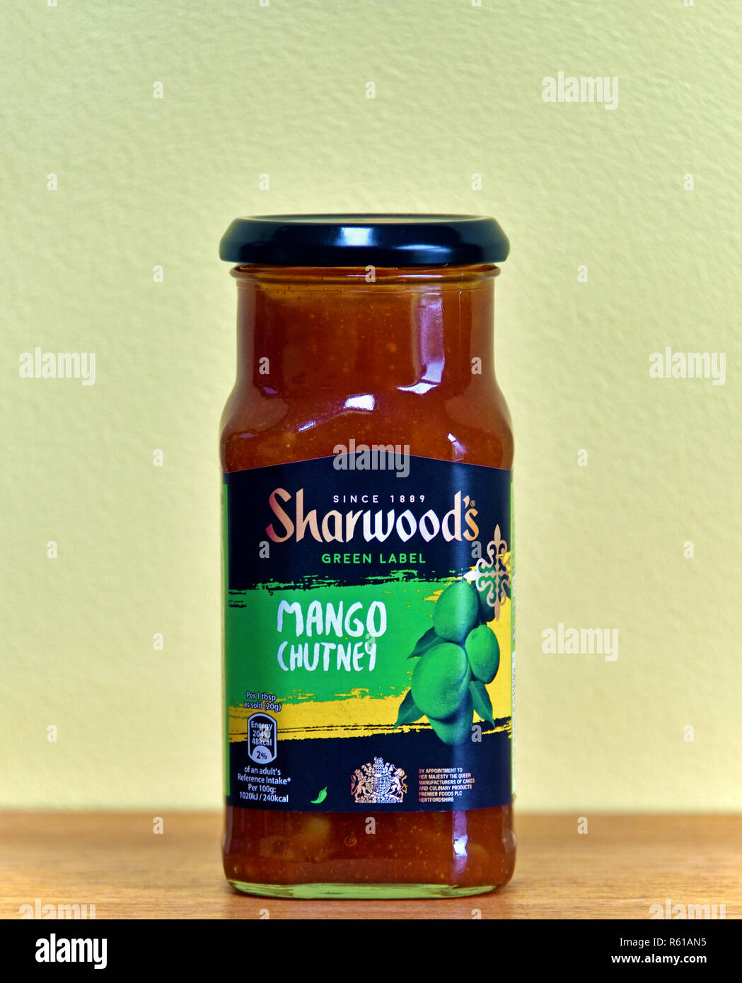 Vasetto di Sharwood's Green Label chutney di mango. Inghilterra, Regno Unito, Europa. Foto Stock