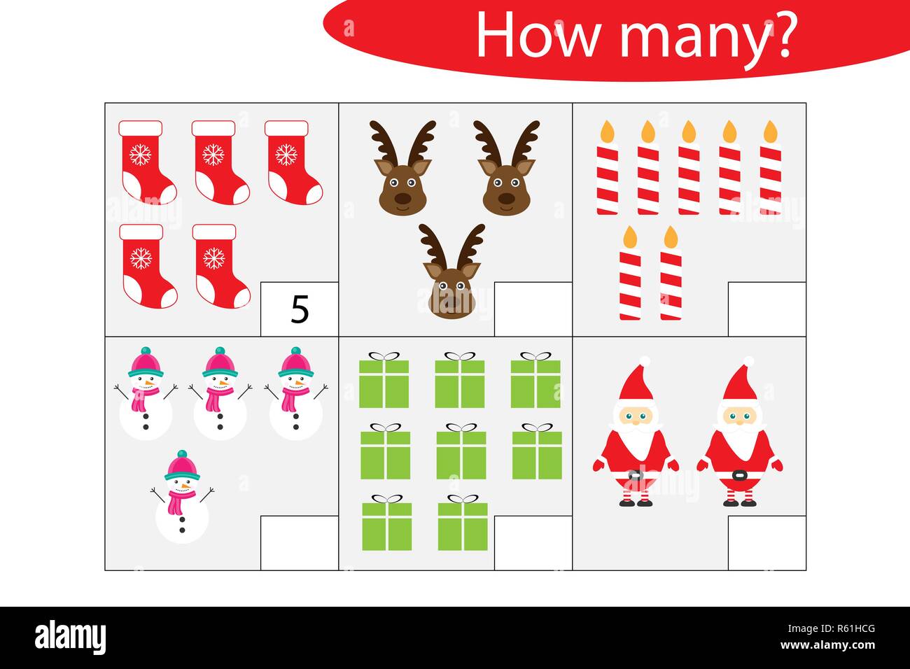 Il numero di conteggio di gioco con le immagini di Natale per i bambini, istruzione matematica task per lo sviluppo del pensiero logico, foglio di lavoro in età prescolare attività, Illustrazione Vettoriale