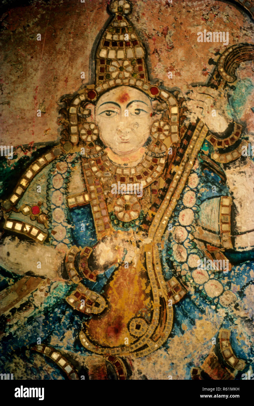 Pittura murale a Sarasvati tempio, Thanjavur, Tamil Nadu, India Foto Stock