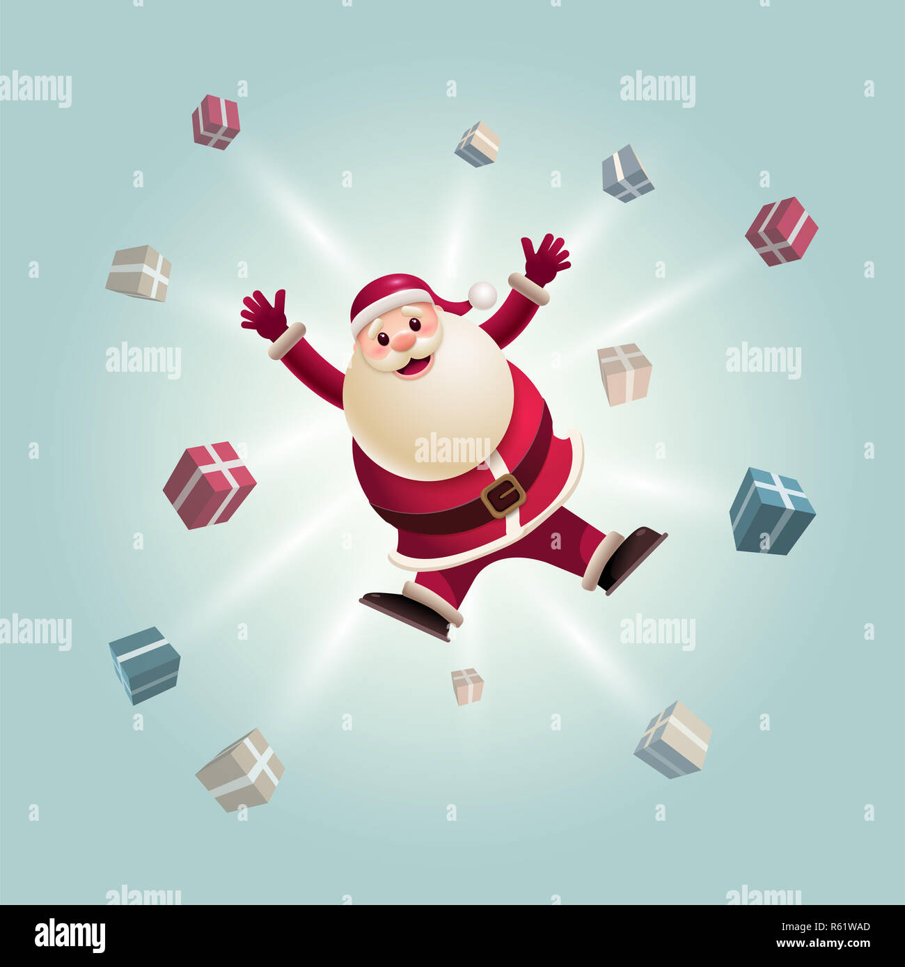 Santa Claus jumping con confezioni regalo Foto Stock