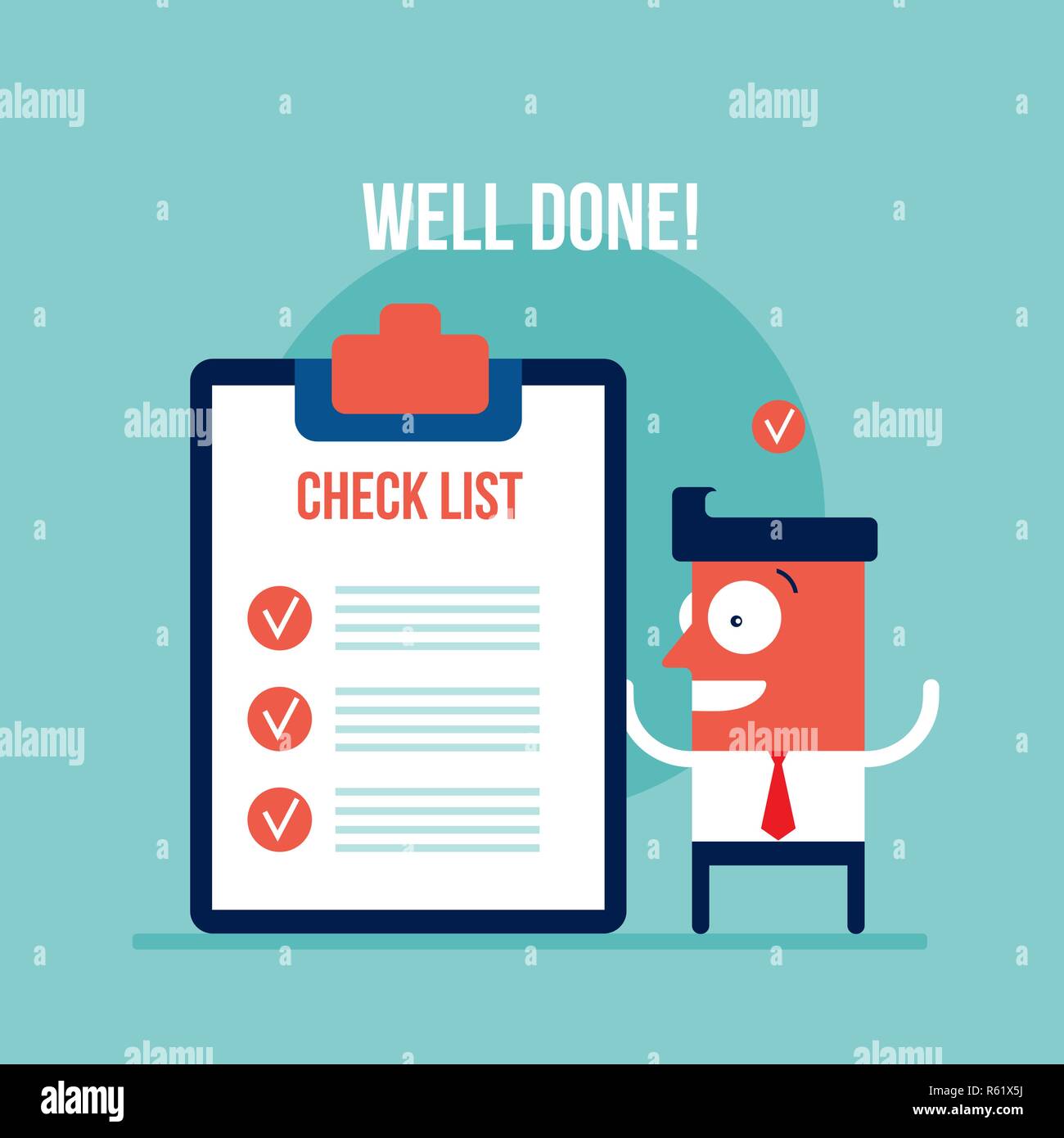 Happy businessman eccitato con la lista di controllo del successo aziendale concetto illustrazione vettoriale Illustrazione Vettoriale