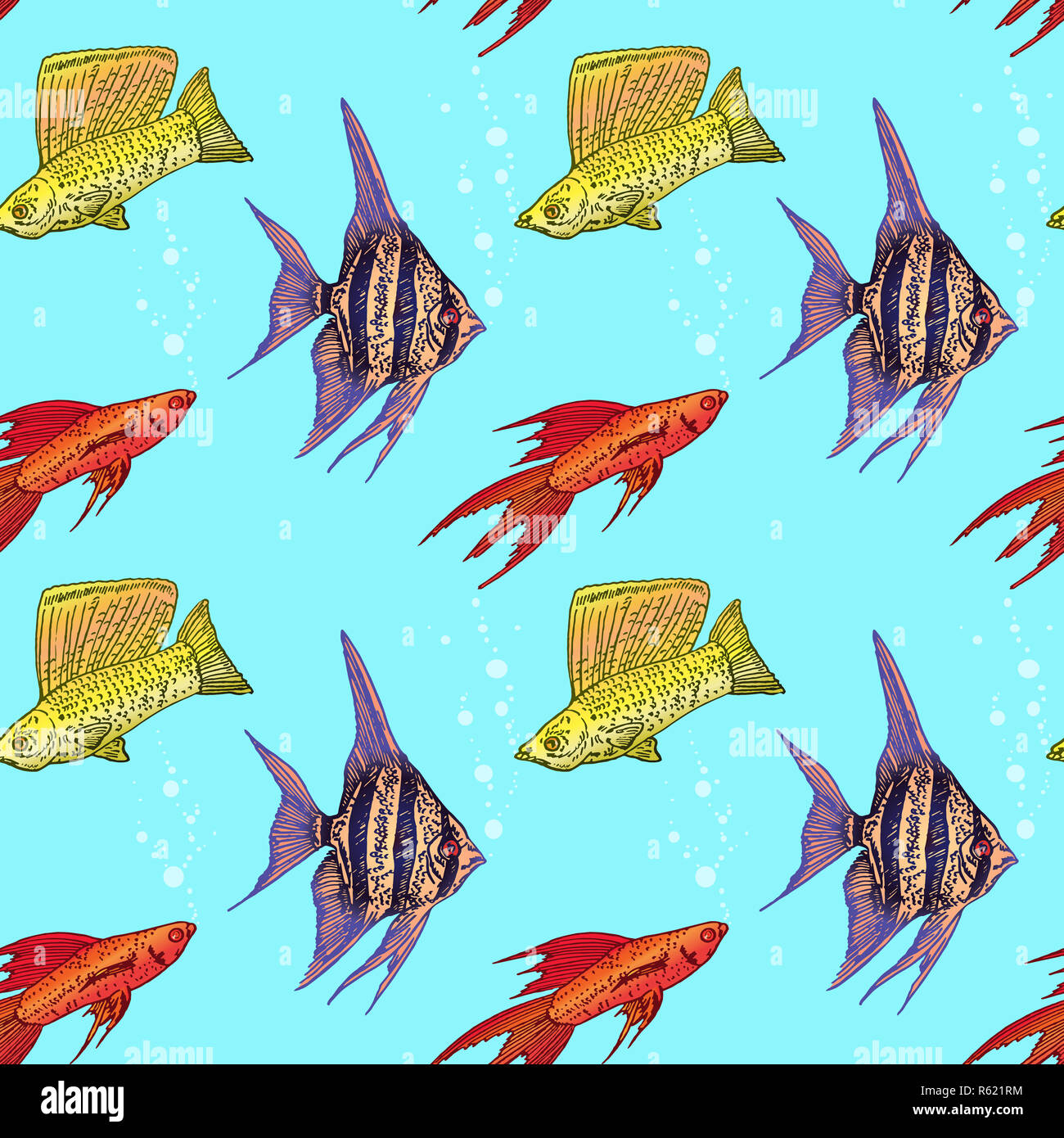 Angelfish, Fancy Hi-fin Swordtail e giallo Sailfin Molly, perfetta design pattern, disegnati a mano doodle, schizzo in pop art style, Illustrazione a colori Foto Stock