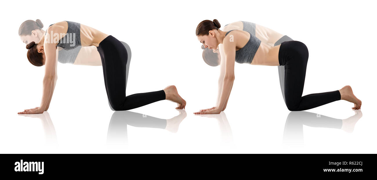 Collage di donna facendo esercizio di yoga. Foto Stock