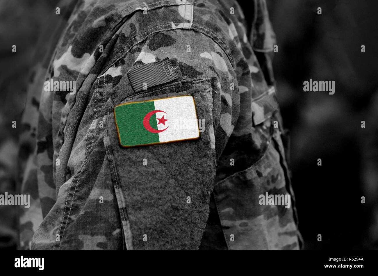Bandiera dell'Algeria sul braccio di soldati (collage). Foto Stock