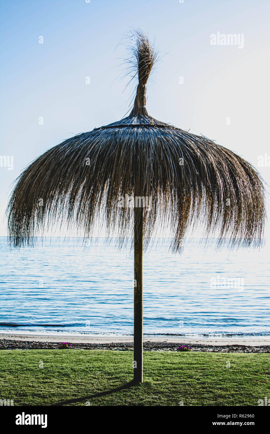 Paglia solitario ombrellone sulla spiaggia mediterranea di Costa del Sol. Andalusia. Spagna Foto Stock