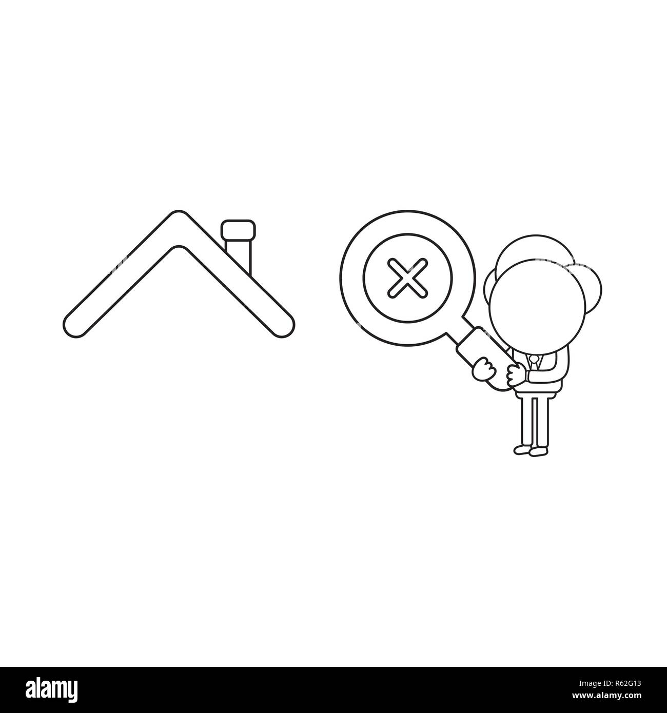 Illustrazione Vettoriale nozione di imprenditore azienda carattere lente di ingrandimento con il segno x per alloggiare il tetto. Contorno nero. Illustrazione Vettoriale