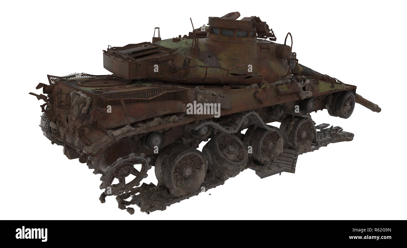 Danneggiato rusty battaglia serbatoio isolato su un fondo bianco. 3d illustrazione Foto Stock