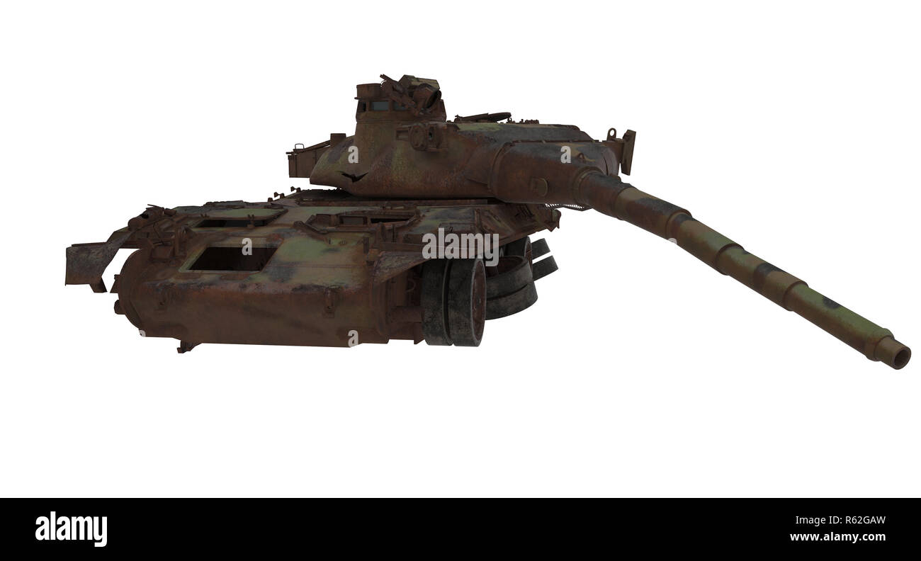 Danneggiato rusty battaglia serbatoio isolato su un fondo bianco. 3d illustrazione Foto Stock