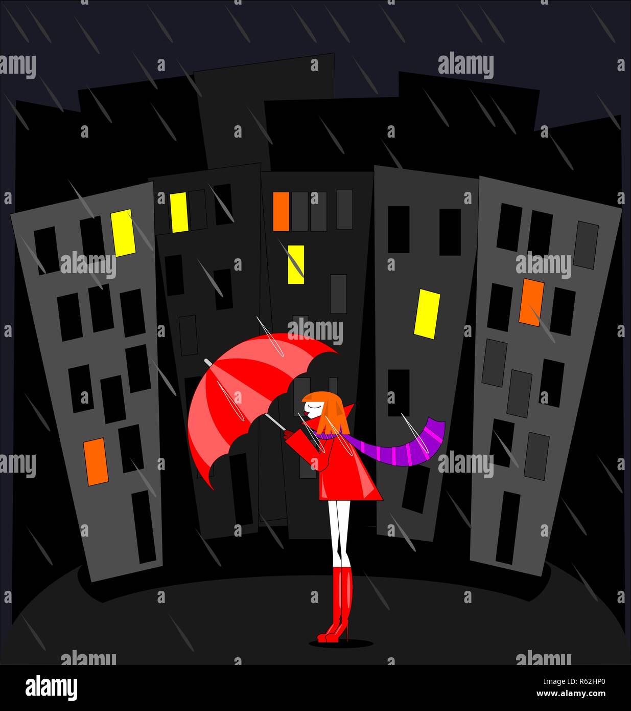Abstract immagine a colori della città di notte, pioggia e ragazza di colore rosso Illustrazione Vettoriale