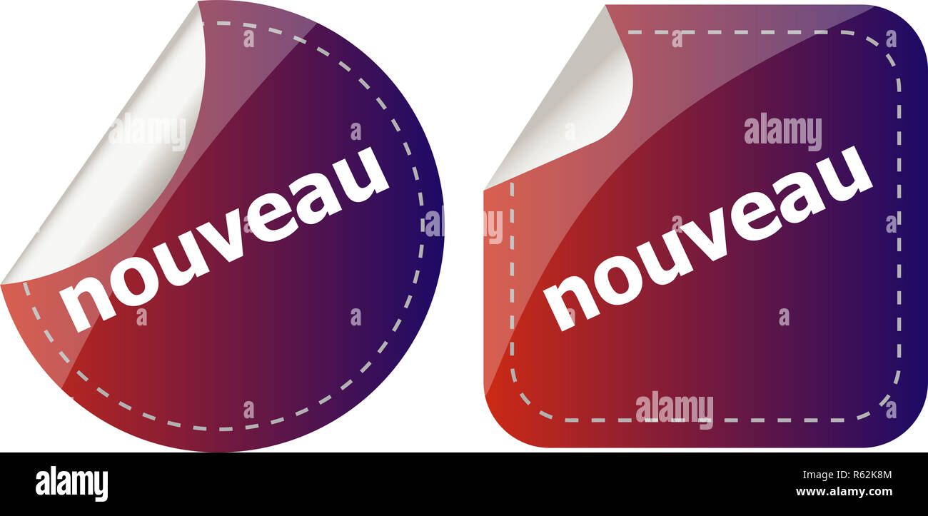 Nuovi adesivi impostato su bianco, pulsante icona isolato su bianco Foto Stock