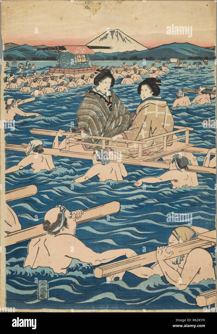 Le donne in un Palanquin portati dai facchini su un fiume e il Monte Fuji in lontananza, foglio centrale di un trittico. Data: 1847-1852, Edo. Museo: Collezione privata. Autore: HIROSHIGE, UTAGAWA. Foto Stock