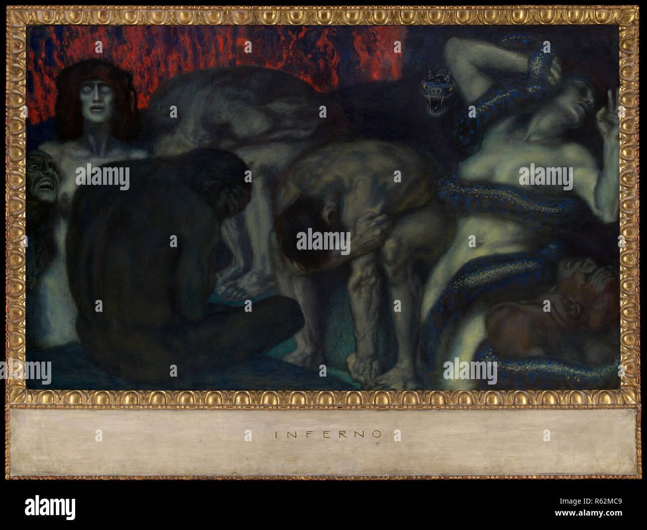 L'Inferno. Artista: Franz von Stuck (tedesco, Tettenweis 1863-1928 Monaco di Baviera). Dimensioni: 50 3/4 × 82 1/2 in. (128,9 × 209.6 cm.). Data: 1908. Questo dipinto il titolo si riferisce a Dante Alighieri di epica medievale di un viaggio attraverso l'inferno. Anche se bloccato impiegati simboli tradizionali della malavita--un serpente, un demone e una fiammante pit--i colori dissonanti e stilizzata, esagerato pone sono sorprendentemente moderno. Ha progettato il telaio complementare. Bloccato di immagini è stato probabilmente ispirato da Auguste Rodin. <i>Le porte dell inferno</i>, in particolare la figura di <i>Il Pensatore</i> (vedere opere connesse nelle vicinanze). Wh Foto Stock