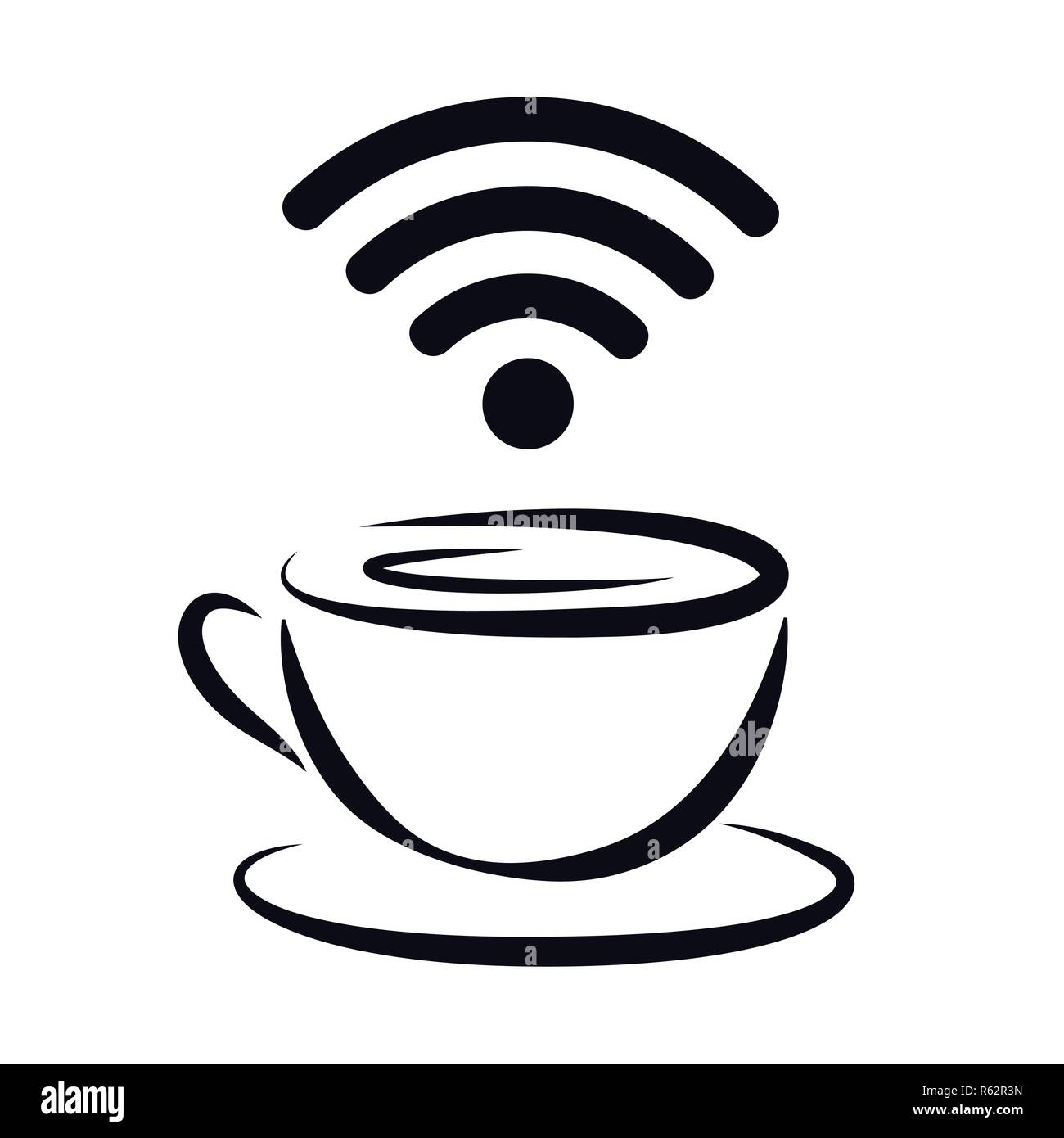 La connessione internet wireless gratuita zona icona con tazza di caffè e segnale wireless a delineare illustrazione vettoriale EPS10 Illustrazione Vettoriale