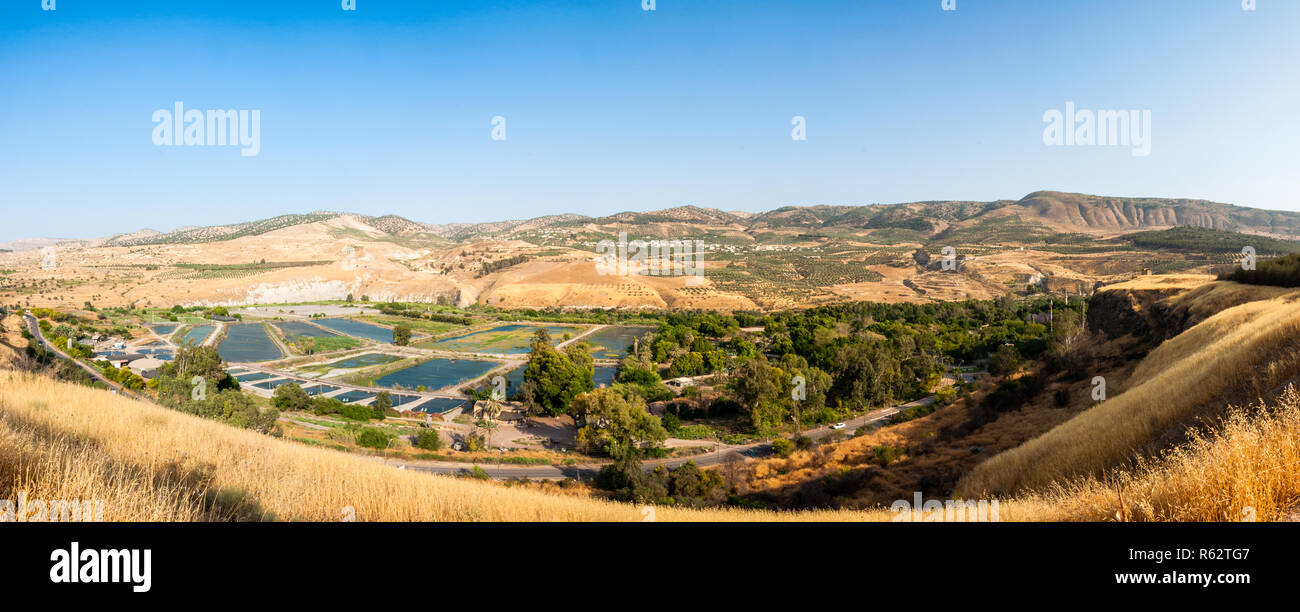 Panorama di Hamat Gader resort. Zoo fattoria di coccodrilli e sorgenti calde nel sito della Yarmouk River Valley, utilizzate fin dall'antichità classica. Foto Stock