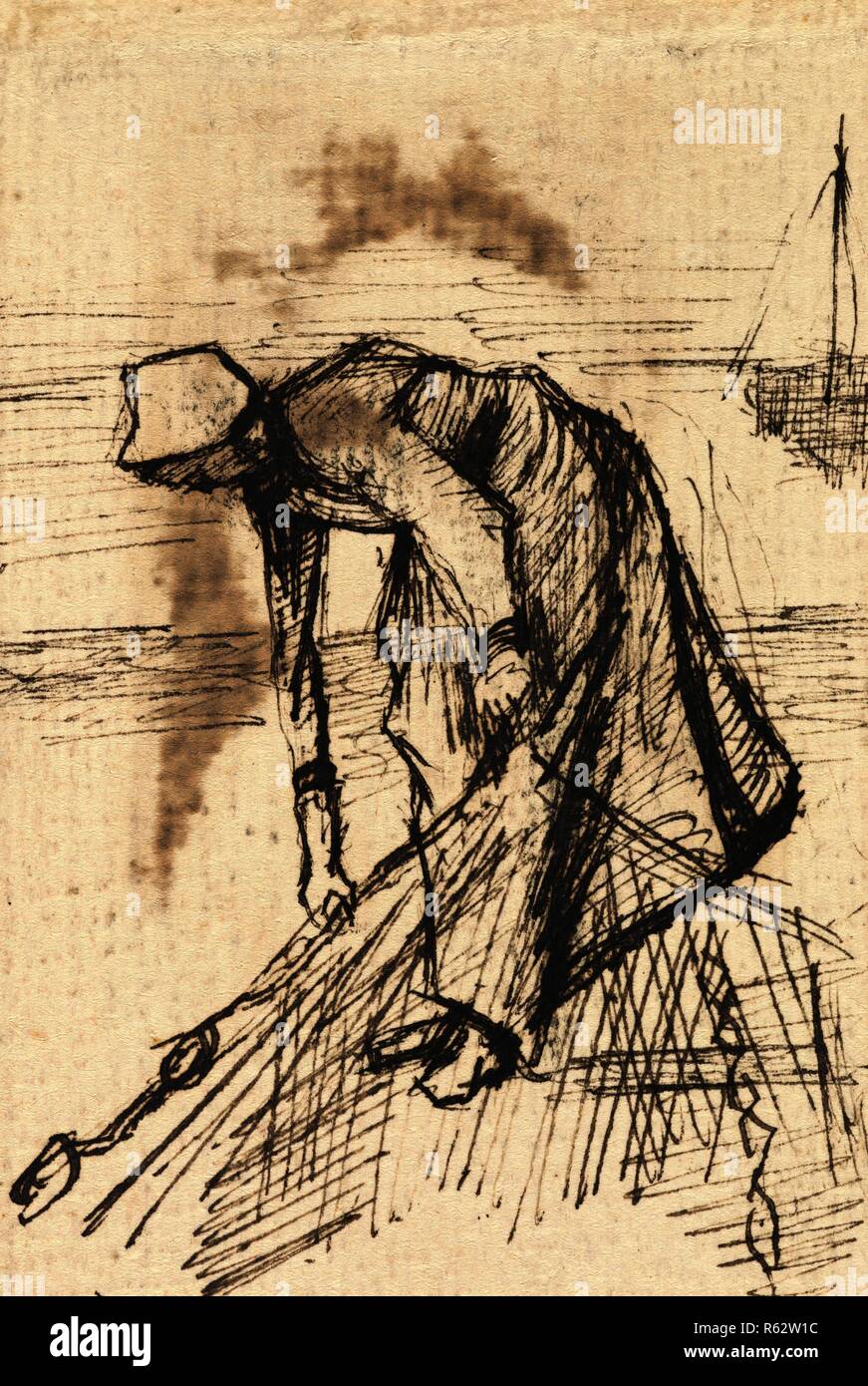 Fisherwoman con un Net. Data: c. 5 gennaio 1883, all'Aia. Dimensioni: 10 cm x 6.7 cm. Museo: Van Gogh Museum di Amsterdam. Foto Stock