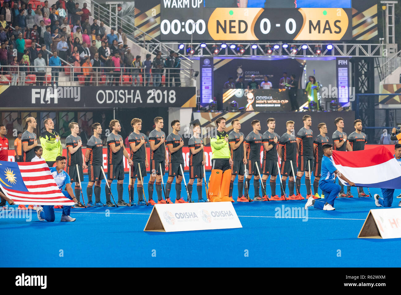 BHUBANESWAR, 01-12-2018, Odisha Hockey uomini di Coppa del Mondo di Bhubaneswar 2018. Luogo: Kalinga Stadium. Olandese del team durante il gioco Paesi Bassi vs Malaysia. Foto Stock