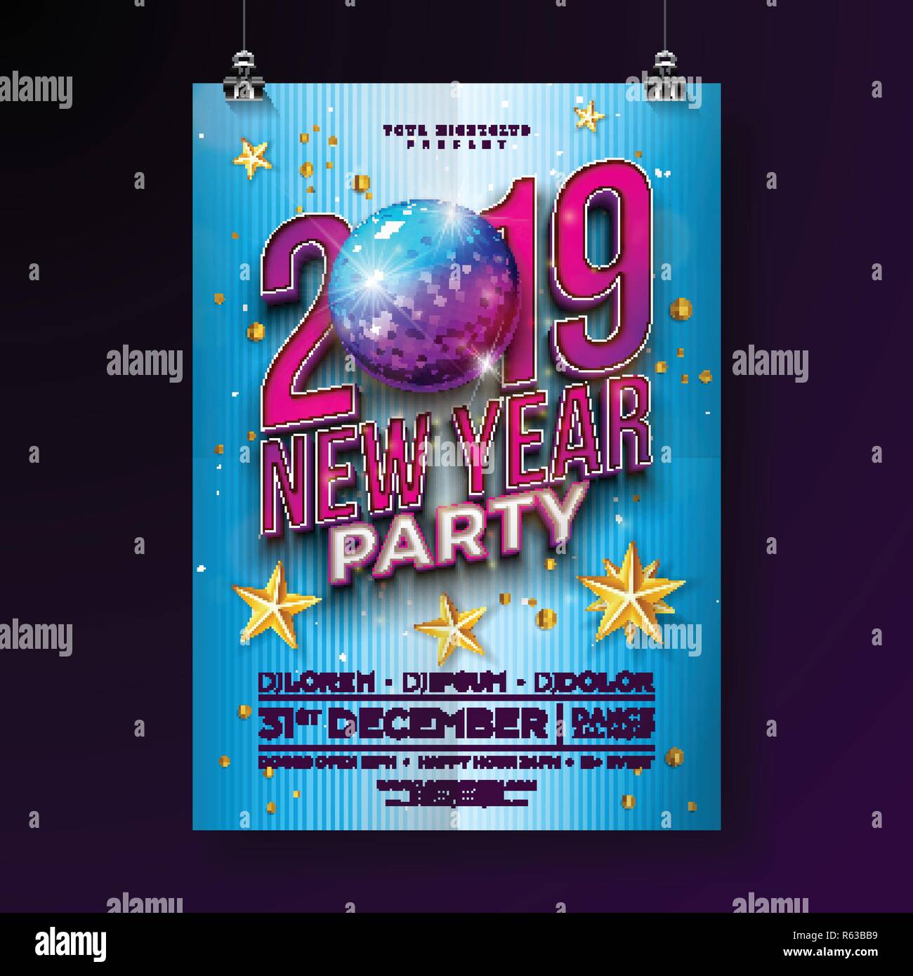Design del modello del poster di festa di Capodanno con 3D 2019 numeri e pallone disco su sfondo blu. Illustrazione Vector Holiday Premium per Illustrazione Vettoriale