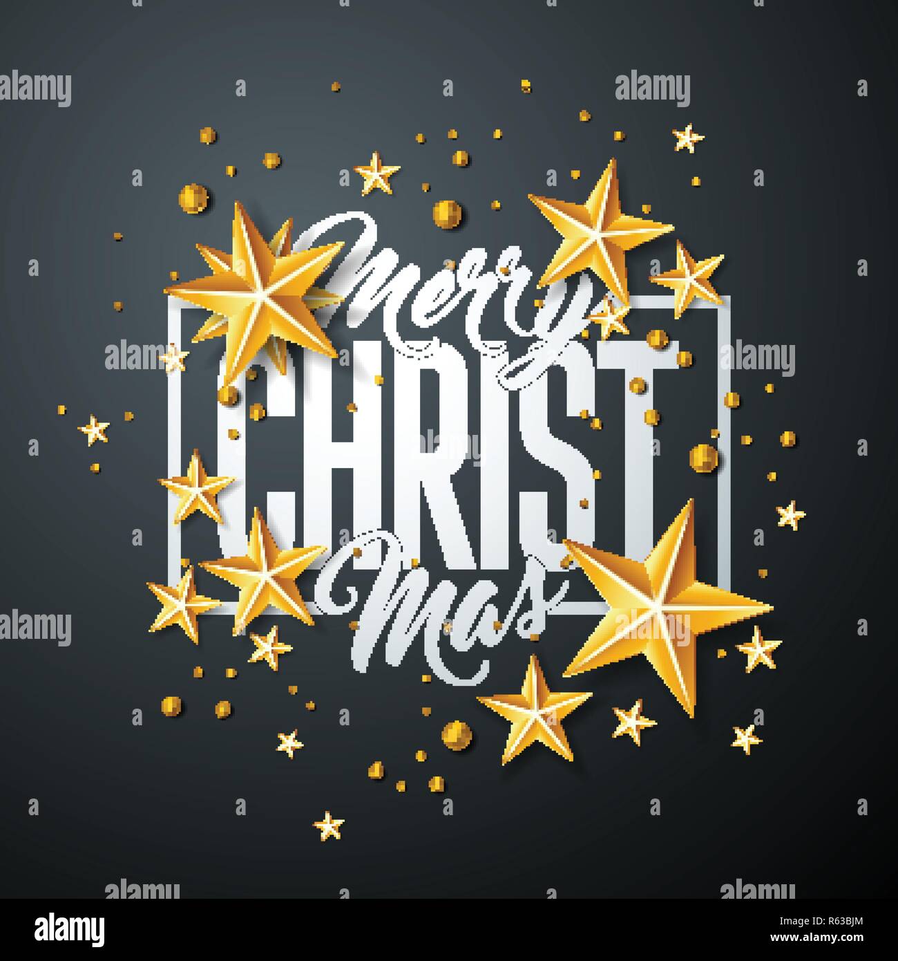 Allegra illustrazione di Natale con sfera di vetro d'oro, stella ed elementi di Tipografia su sfondo nero. Vector Holiday Design per biglietto d'auguri, festa Illustrazione Vettoriale