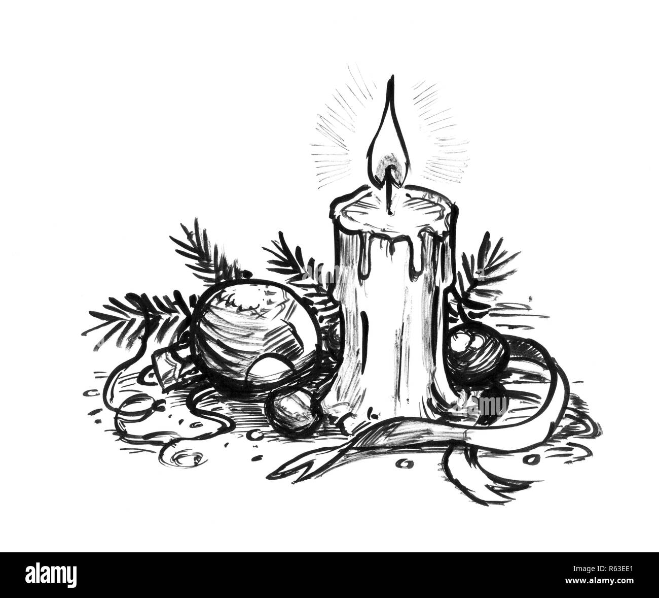 Inchiostro nero disegno a mano della candela che brucia e le decorazioni di Natale Foto Stock