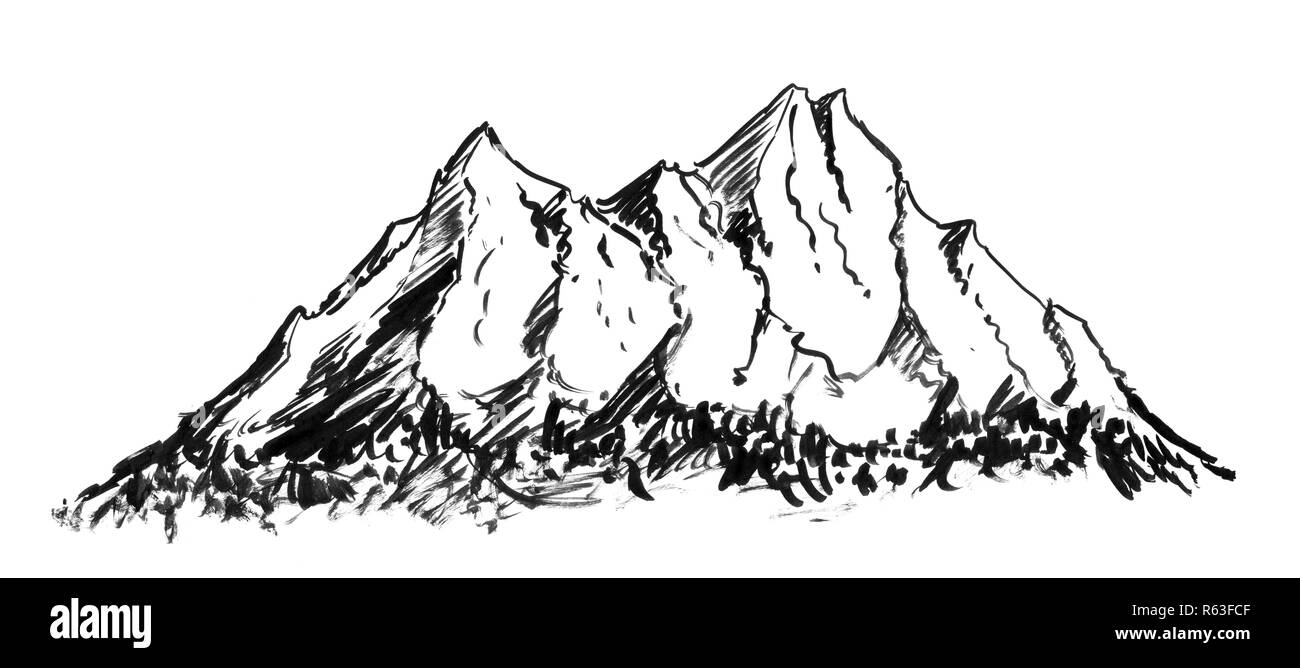 Inchiostro nero Grunge disegno a mano del generico paesaggio di montagna Foto Stock