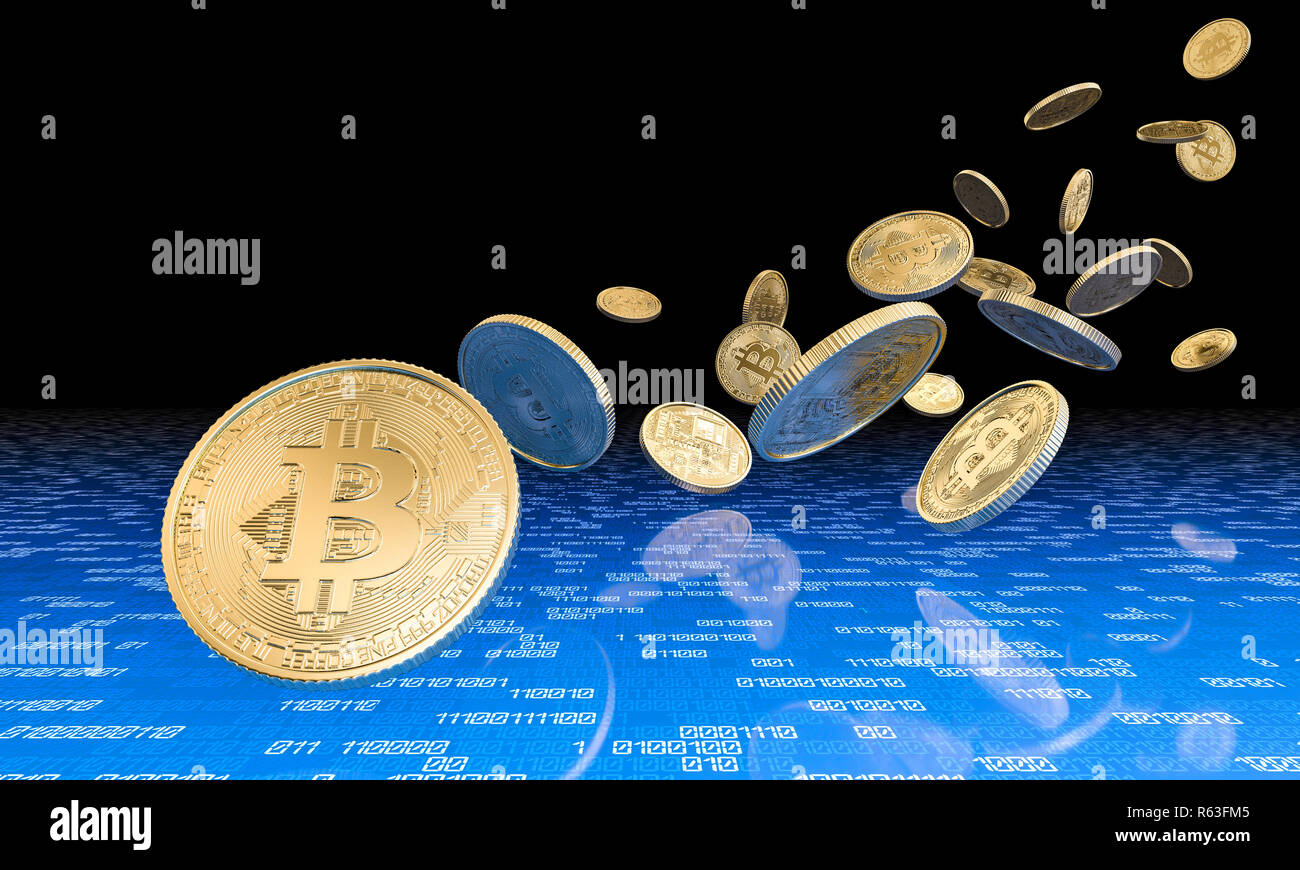 3D rendering immagine del golden bitcoin moneta e il codice binario sfondo Foto Stock