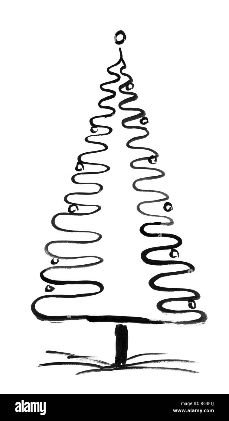 Inchiostro nero Grunge artistico disegno a mano di albero di Natale Foto Stock