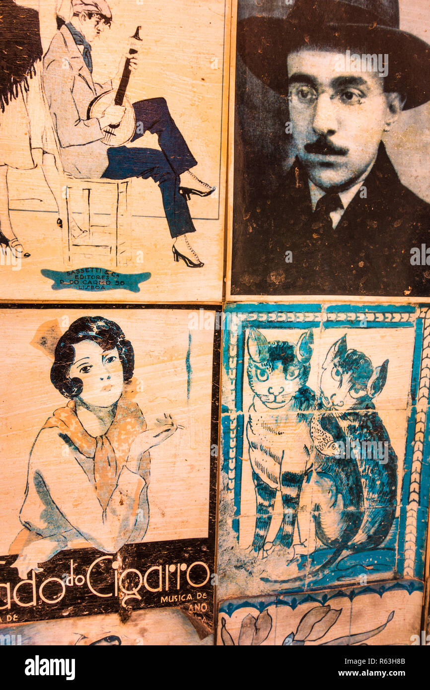 Vecchie foto sbiadite cartoline che mostra il fado motivi e un ritratto del poeta portoghese Fernando Pessoa Foto Stock