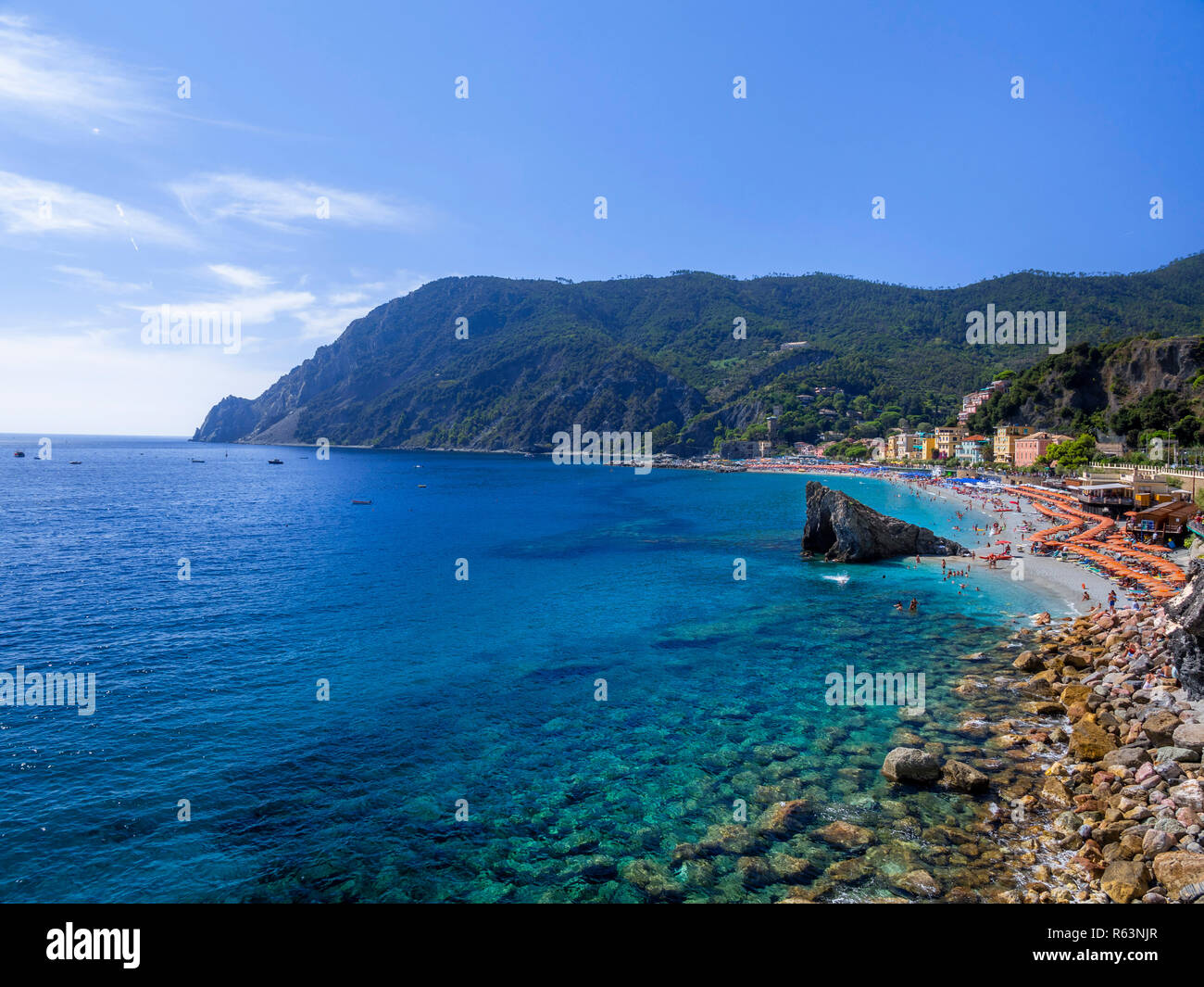 Spiaggia di Monterosso al Mare, Cinque Terre Riviera di Levante, provincia di La spazia, Liguria, Italia, Europa Foto Stock