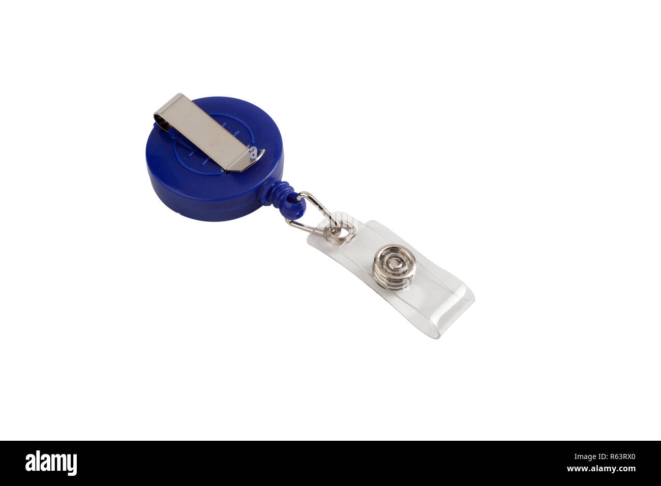 Plastica blu porta badge clip, isolato su bianco con percorso di clipping. Foto Stock
