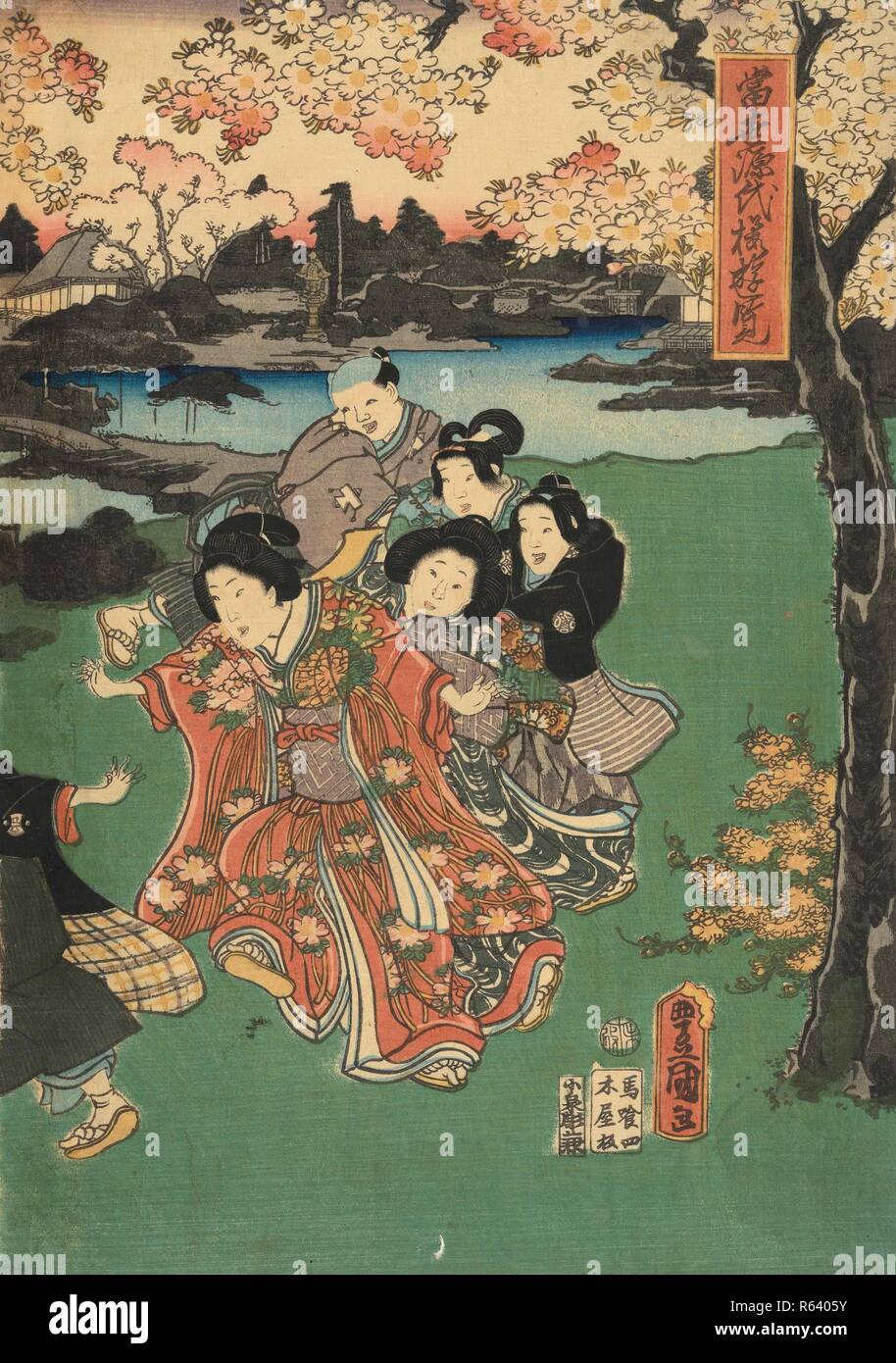 Bambini che giocano tra ciliegi, lamiera destra del trittico un contemporaneo Genji ammirando la fioritura dei ciliegi. Data: decimo mese 1859. Dimensioni: 39 cm x 26 cm. Museo: Van Gogh Museum di Amsterdam. Autore: KUNISADA, UTAGAWA. Foto Stock