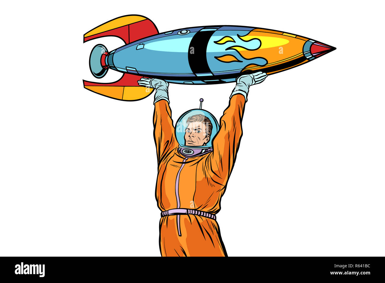 Astronauta e razzo vintage isolati su sfondo bianco Foto Stock