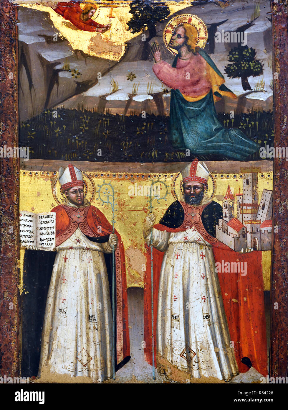 La preghiera nel giardino, i Santi Ambrogio e Petronio, 1380 da Lippo Dalmasio di 1377 - 1410 ,del secolo XIV, Italia, italiano. Foto Stock