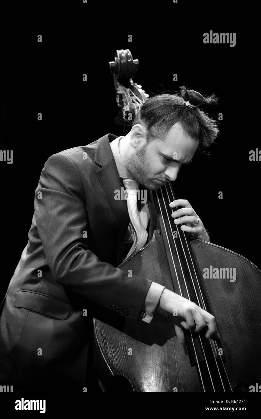 Matt Ridley la riproduzione di contrabbasso con Darius Brubeck Quartet, Brecon Jazz 2017 Foto Stock