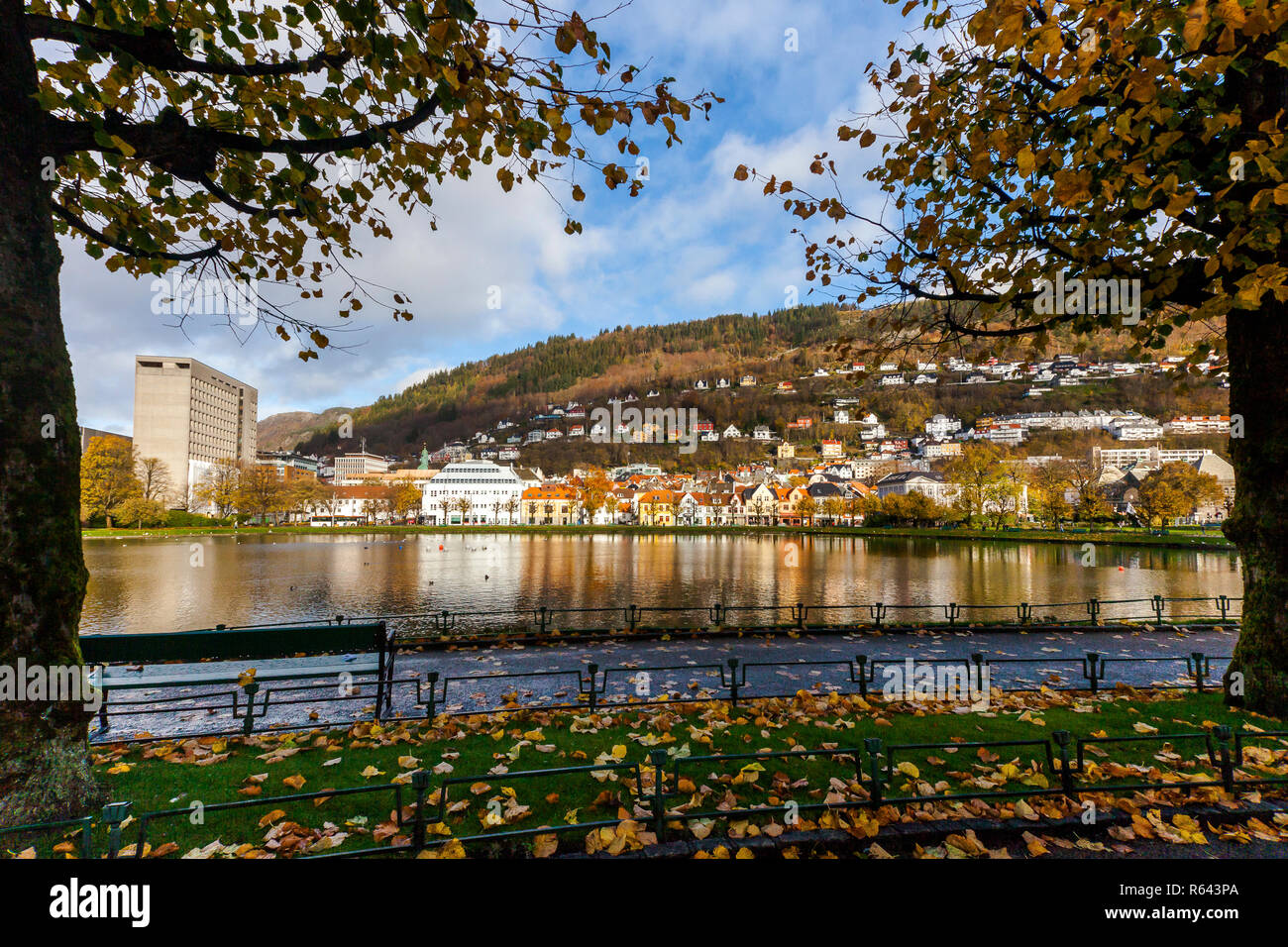 Autunno a Bergen, Norvegia. Lille Lungegaardsvannet lago e piccoli edifici lungo Kaigaten street. Municipio Rådhuset in background Foto Stock