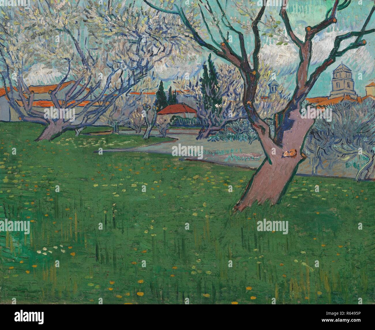 I frutteti in fiore, vista di Arles. Data: aprile 1889, Arles. Dimensioni: 53,5 cm x 65,5 cm, 69,2 cm x 81,2 cm. Museo: Van Gogh Museum di Amsterdam. Autore: Van Gogh, Vincent. VINCENT VAN GOGH. Foto Stock