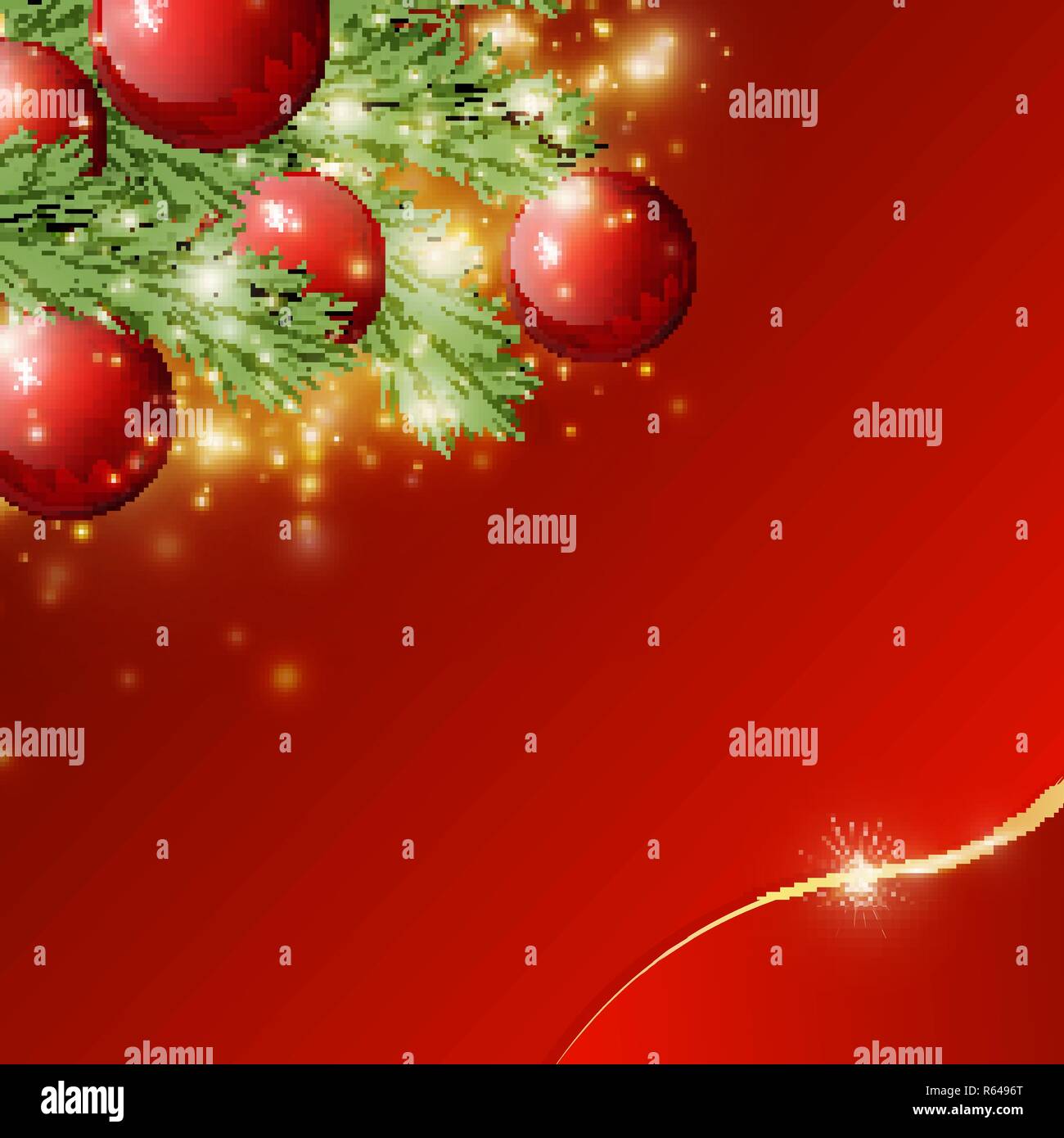 Rosso sfondo lucido con decorazioni di Natale, decorativo rami di abete rosso,golden stars , vacanze Merry X-mas e Felice Anno Nuovo, illustrazione su un r Illustrazione Vettoriale