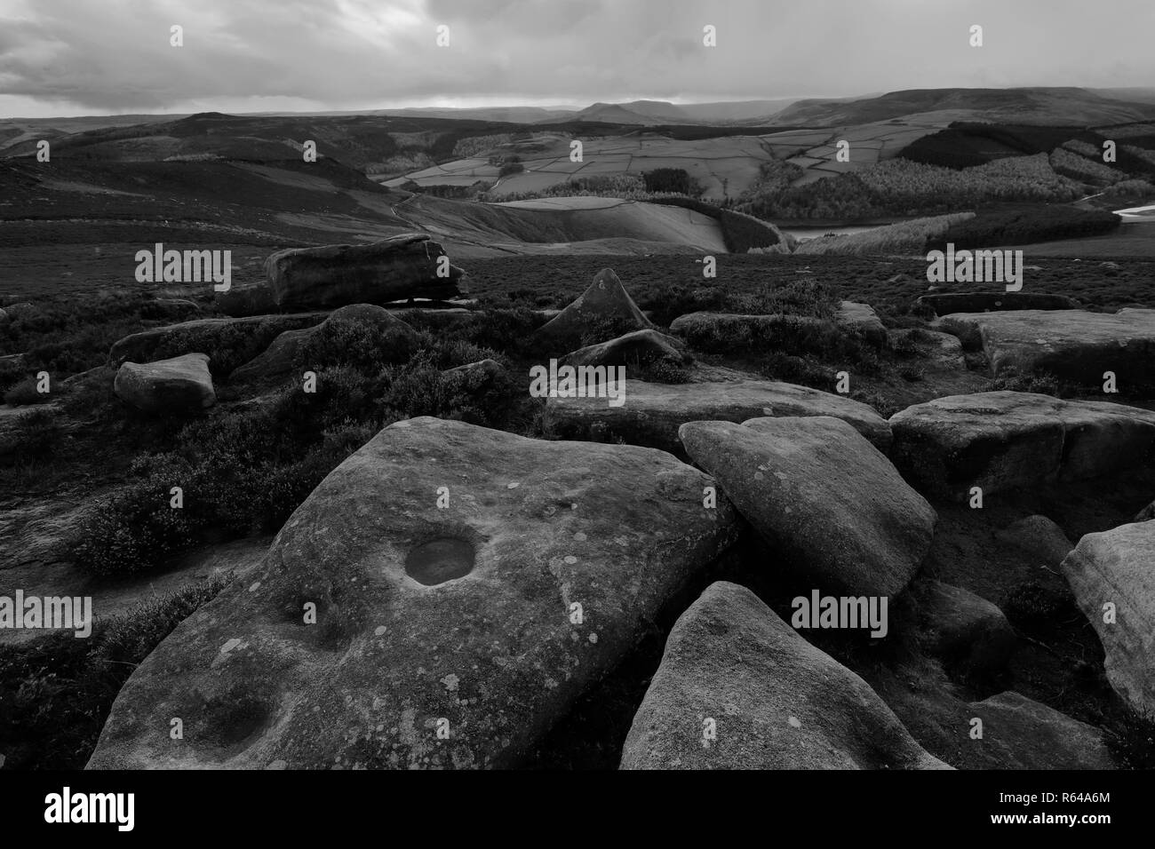Tramonto sulla Derwent Mori, Superiore Derwent Valley, Parco Nazionale di Peak District, Derbyshire, England, Regno Unito Foto Stock