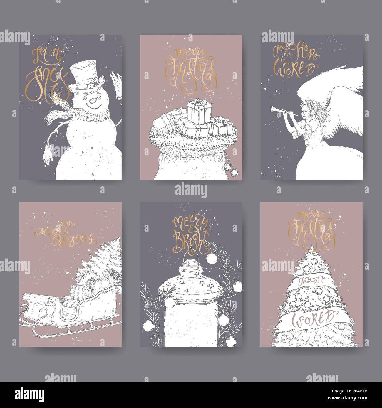 Set di sei banner di contorno con una spazzola di scritte, mattatore, Angelo, slitta, lanterna, albero di Natale, borsa regalo. Illustrazione Vettoriale