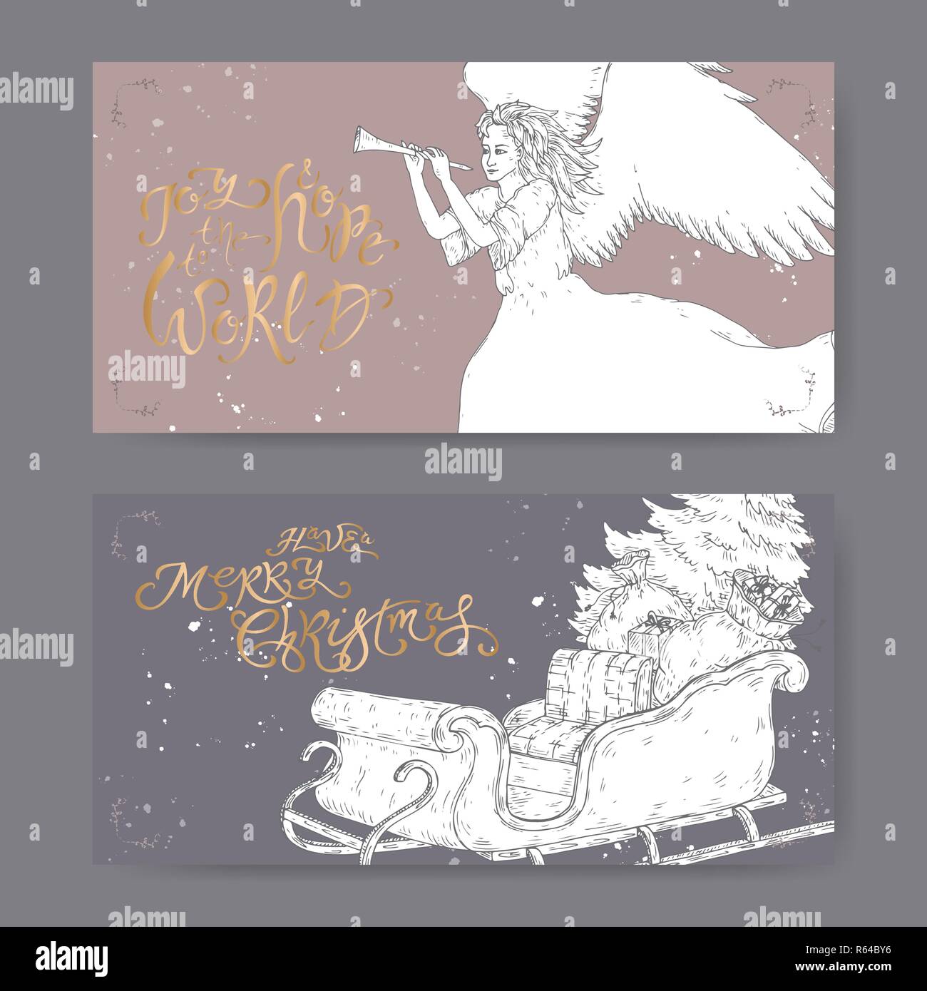 Set di due banner di contorno con spazzola lettering saluto, Angelo e di una slitta con albero di Natale e regali. Illustrazione Vettoriale