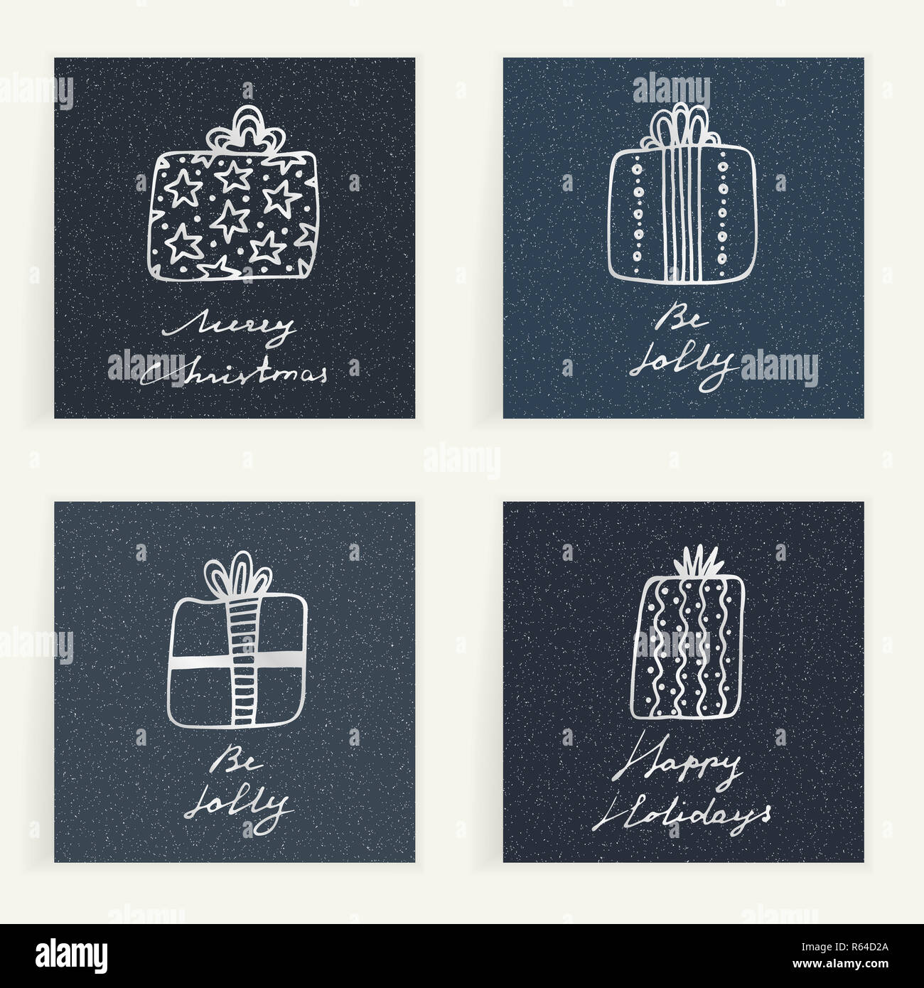 Set di quattro carte. Disegnata a mano regali sul blu backgrouns testurizzato. Vacanze invernali. I regali di Natale. Migliori auguri Foto Stock
