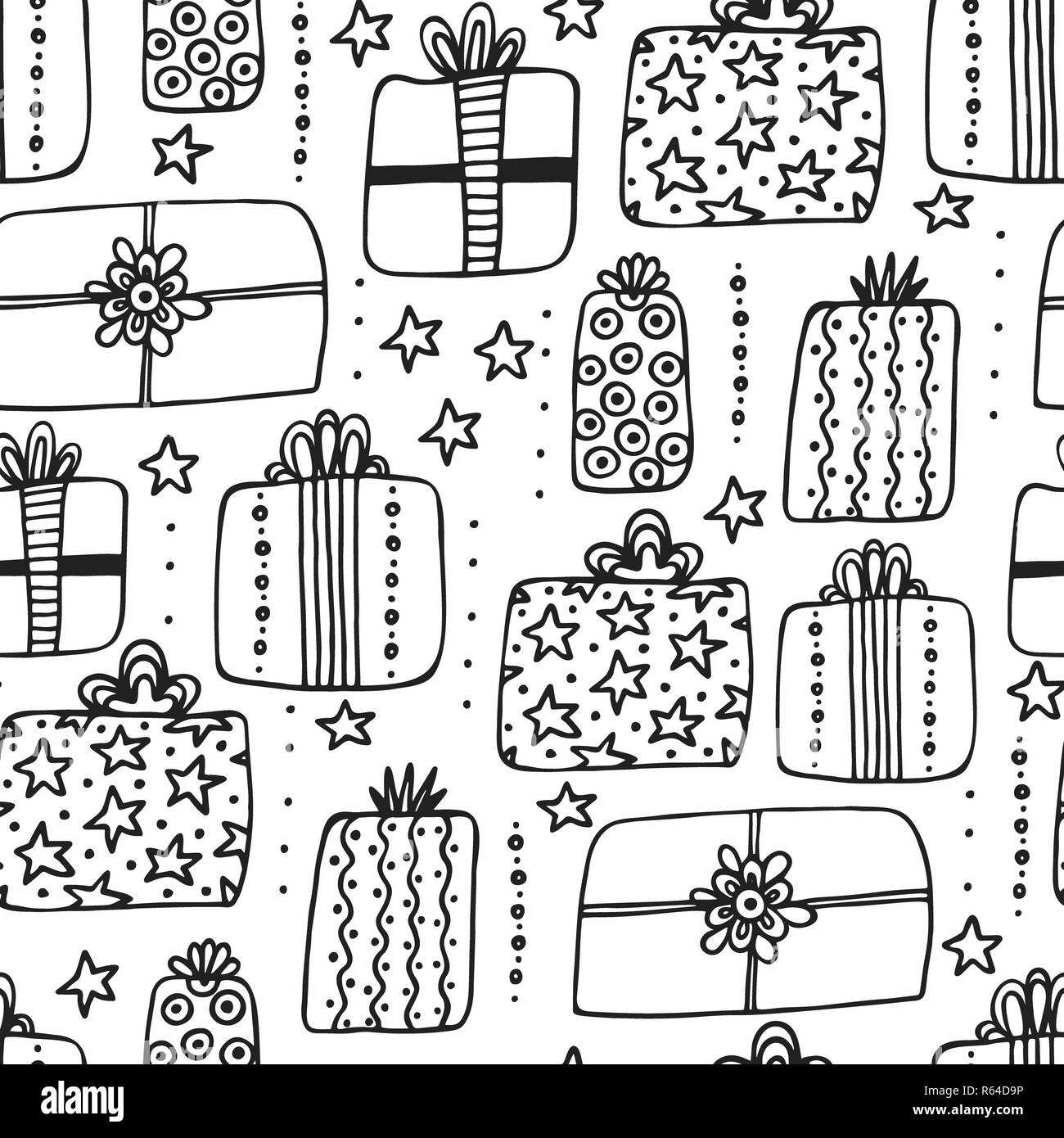 Set di quattro carte. Disegnata a mano regali sul blu backgrouns testurizzato. Vacanze invernali. I regali di Natale. Migliori auguri Foto Stock