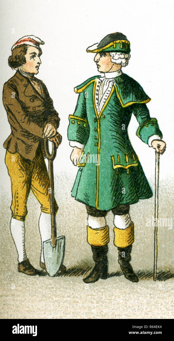 Le figure foto qui sono i tedeschi nel 1700. Essi sono, da sinistra a destra: un contadino e un tedesco in costume di viaggio. Questa illustrazione risale al 1882. Foto Stock