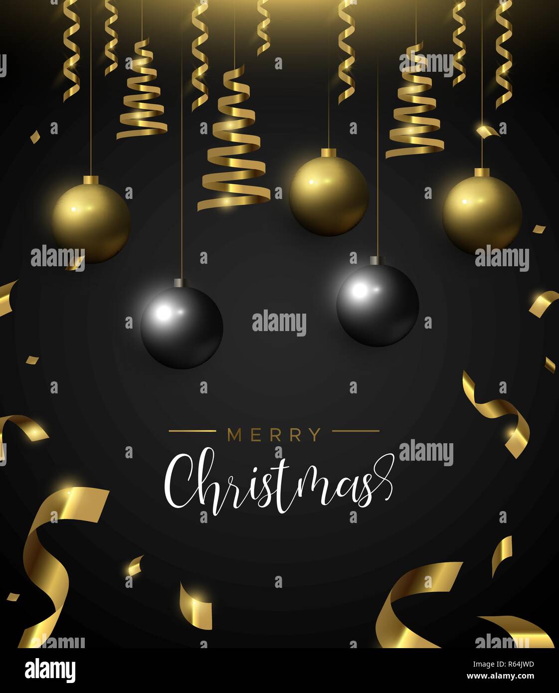 Merry Christmas card, oro e nero Pallina natale ornamenti. Vacanze di lusso sfere sfondo per invito o stagioni saluto. Illustrazione Vettoriale