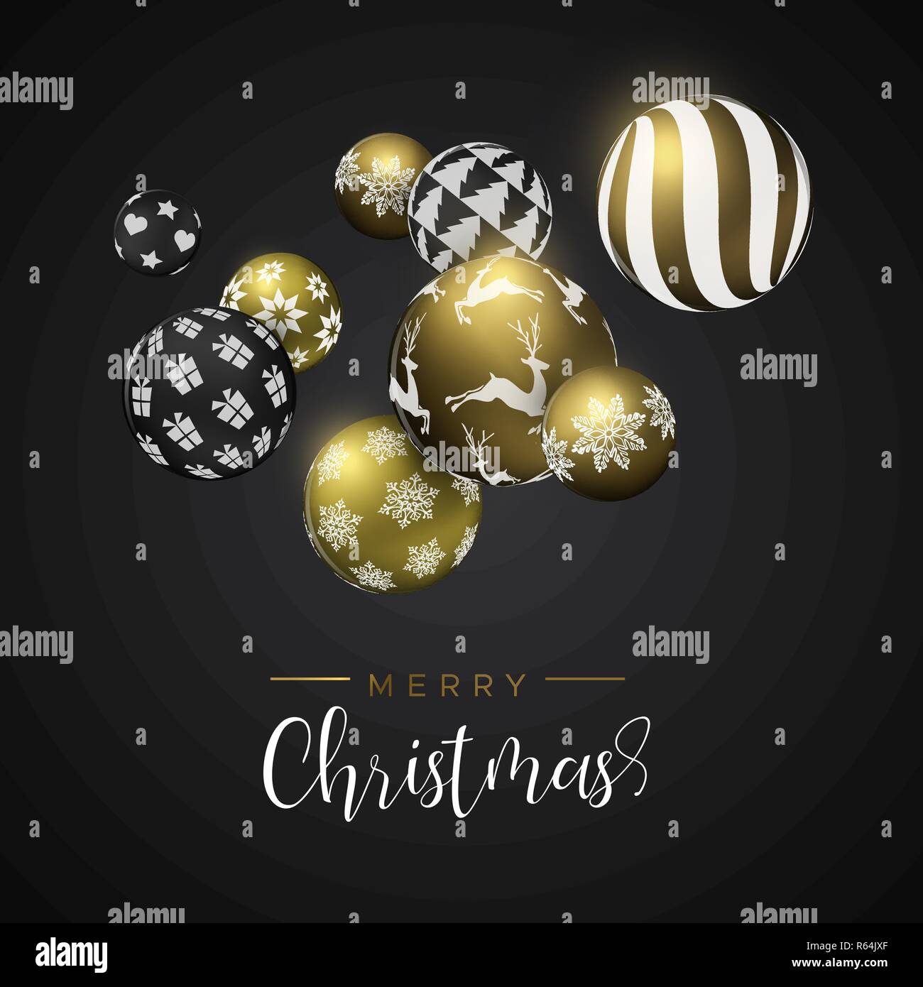 Merry Christmas card, oro e nero Pallina natale ornamenti. Vacanze di lusso sfere sfondo per invito o stagioni saluto. Illustrazione Vettoriale