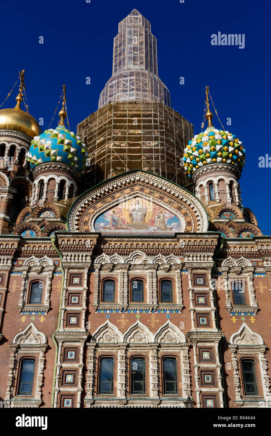 Dettaglio del 1907 la Chiesa del Salvatore sul Sangue versato a San Pietroburgo, Russia. Attualmente in fase di ristrutturazione. Foto Stock