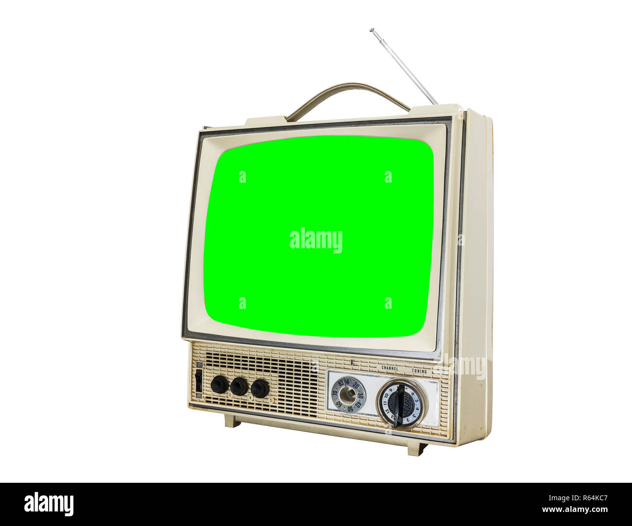Indossato vintage televisore portatile isolato su bianco con chroma schermo verde. Foto Stock